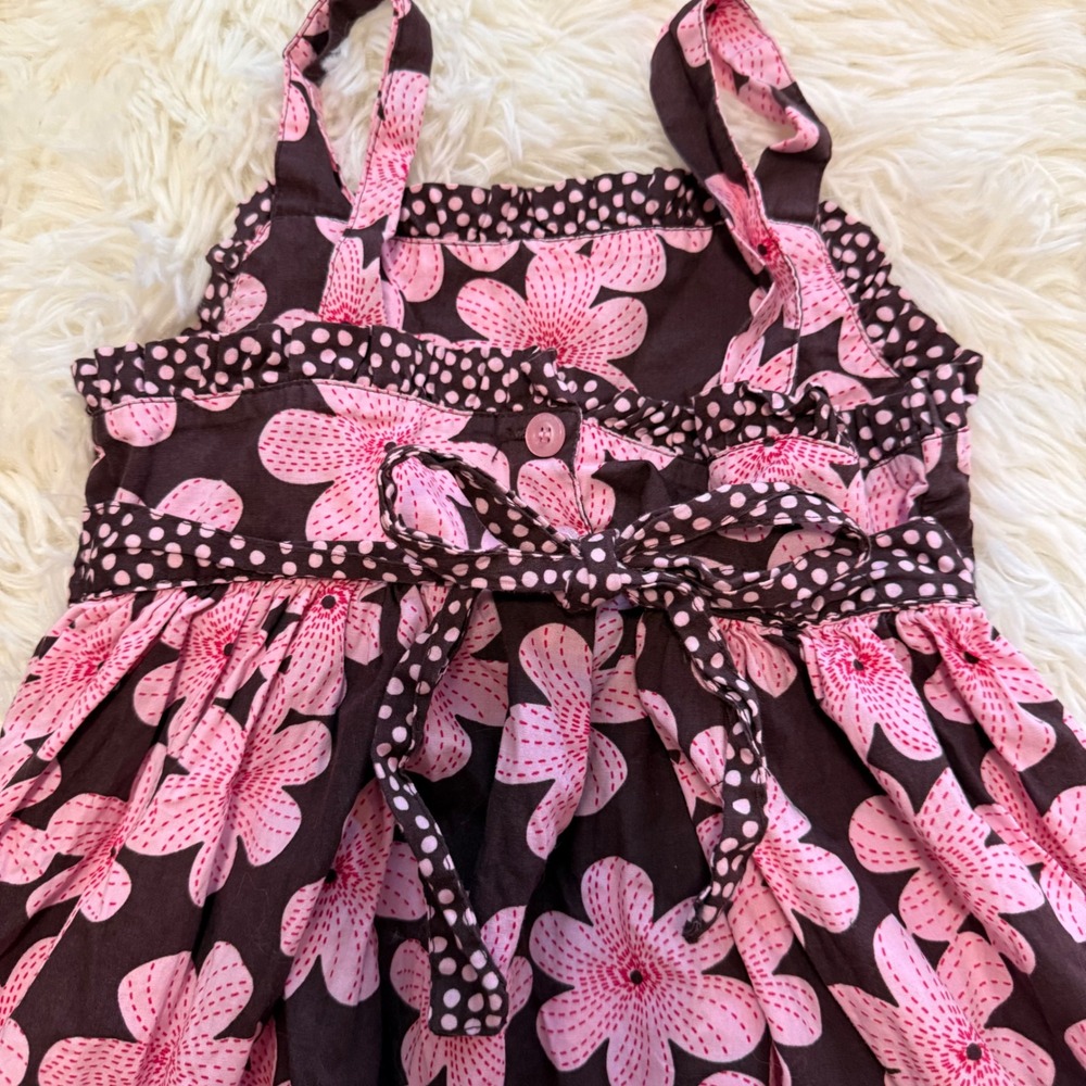 Blueberry Blvd Girls Size 6 Pink Floral Brown Cotton Sundress Polka Dot Bow Trim - Picture 4 of 6